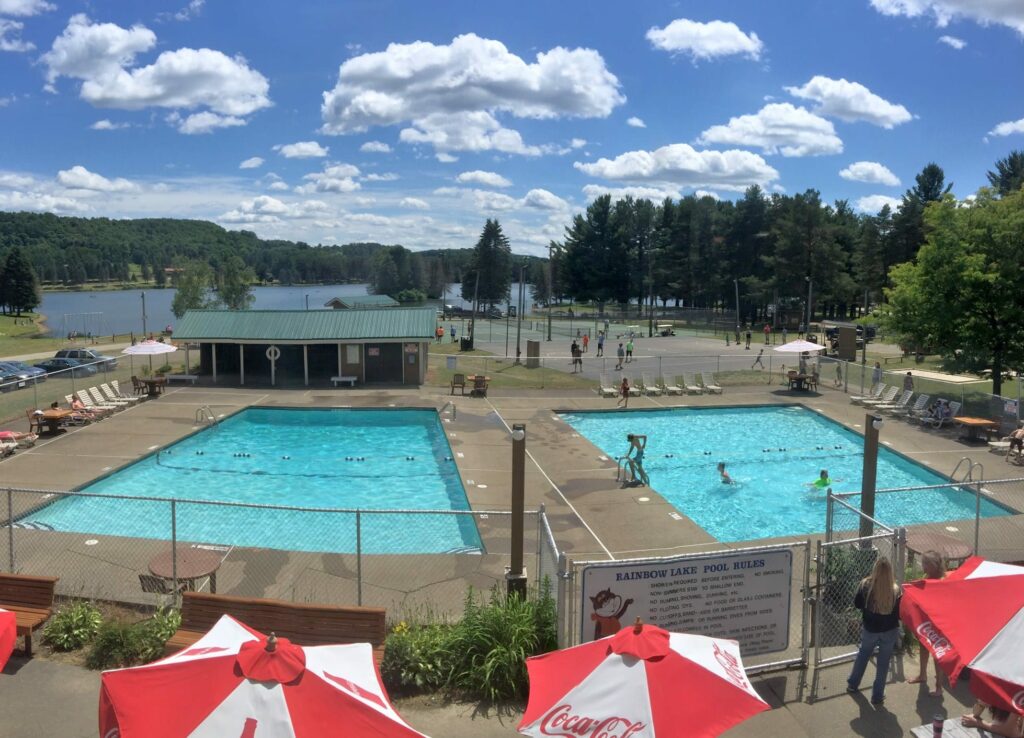 An aerial view of a swimming pool at Rainbow Lake.