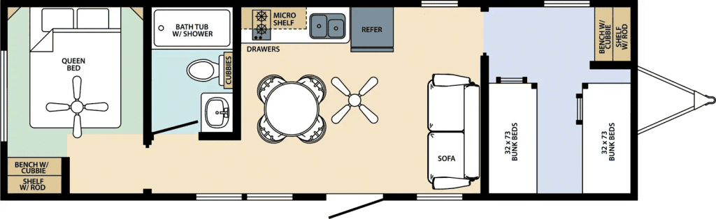 Floor plan of The Genesee park model, 385 square feet with two bedrooms and one bath